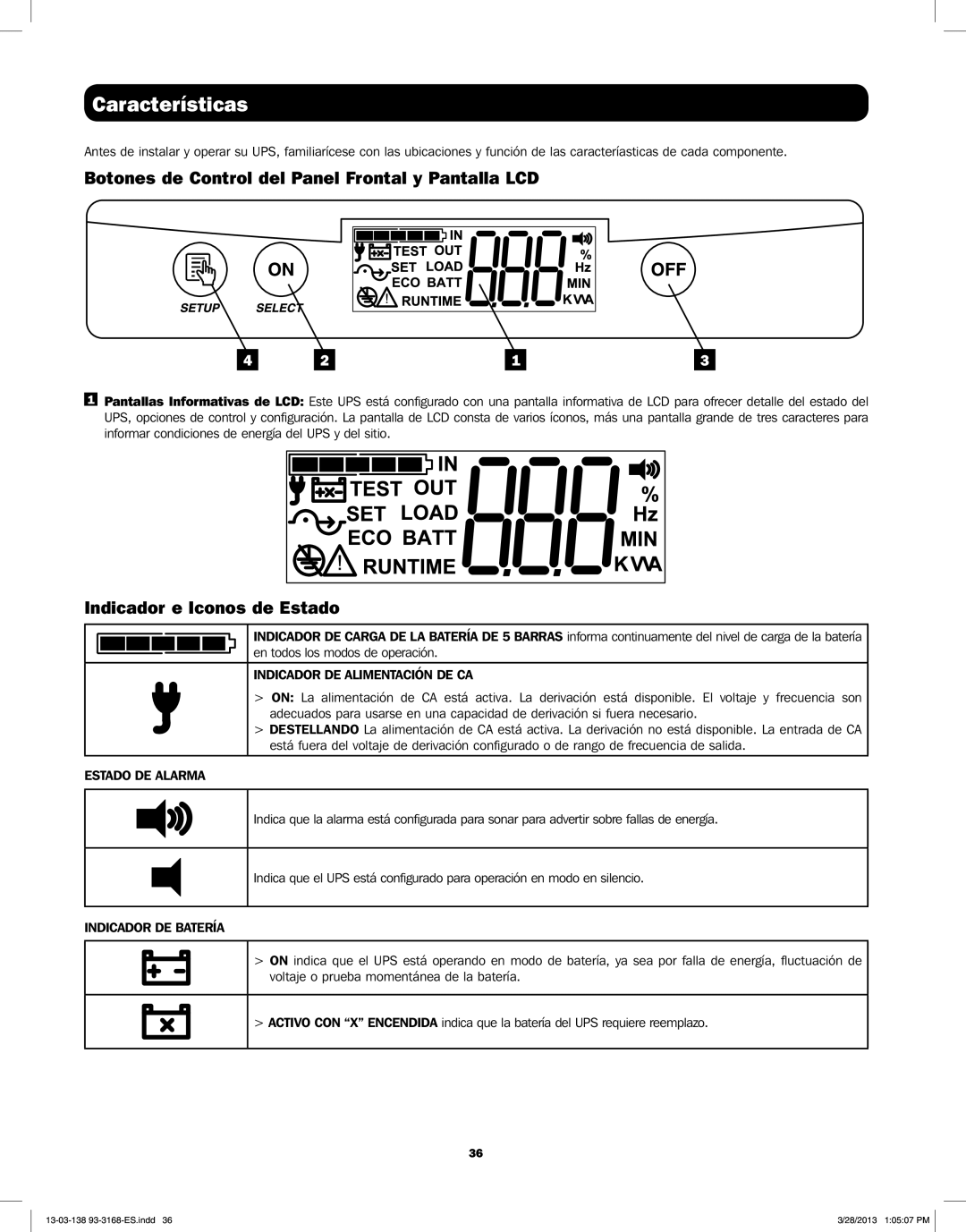 Tripp Lite SU1500XLCD Características, Botones de Control del Panel Frontal y Pantalla LCD, Indicador e Iconos de Estado 