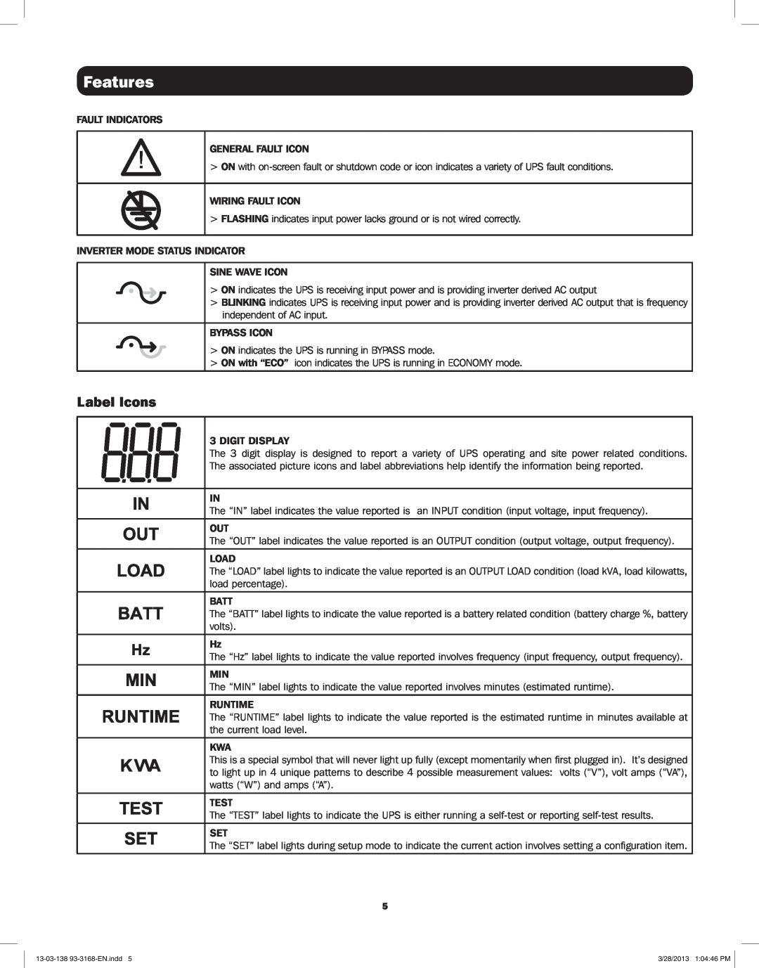 Tripp Lite SU1000XLCD, SU1500XLCD, SU2200XLCD, SU3000XLCD owner manual Label Icons, Features 