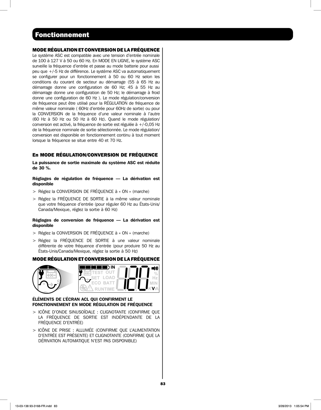 Tripp Lite SU3000XLCD Mode Régulation Et Conversion De La Fréquence, En MODE RÉGULATION/CONVERSION DE FRÉQUENCE 