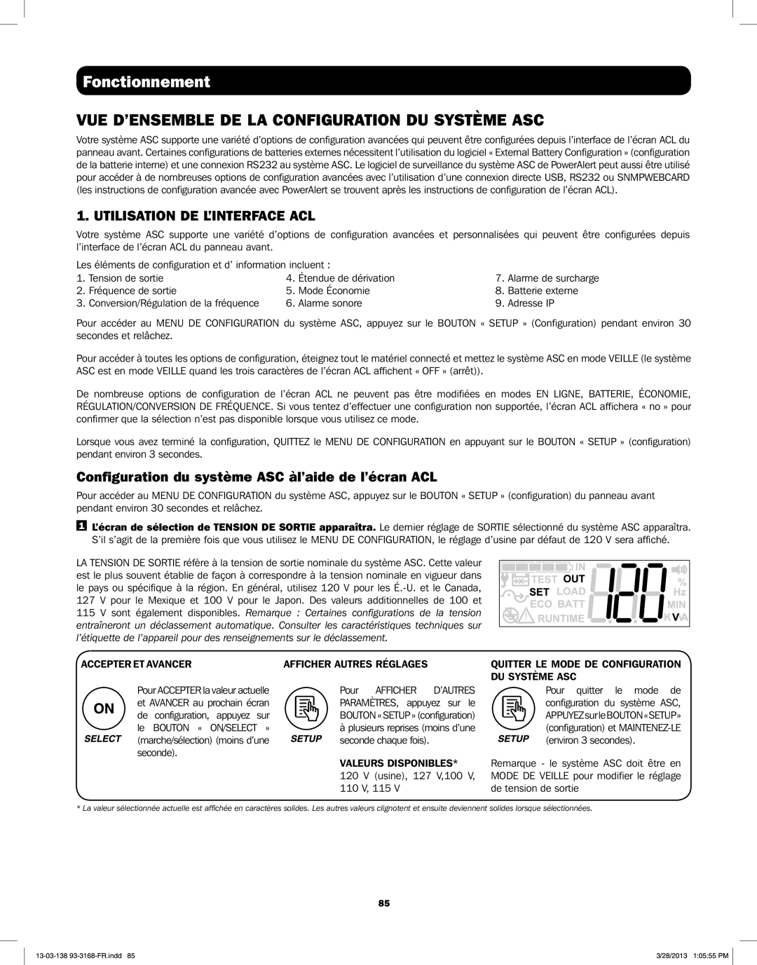 Tripp Lite SU1000XLCD Vue D’Ensemble De La Configuration Du Système Asc, Utilisation De L’Interface Acl, Fonctionnement 