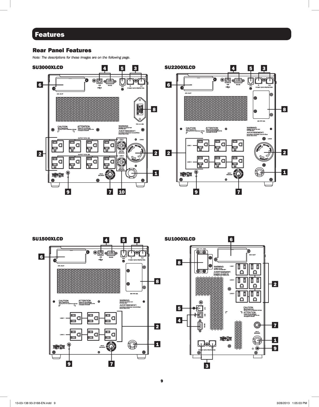 Tripp Lite SU1000XLCD owner manual Rear Panel Features, SU3000XLCD, SU2200XLCD, SU1500XLCD, 13-03-138 93-3168-EN.indd 