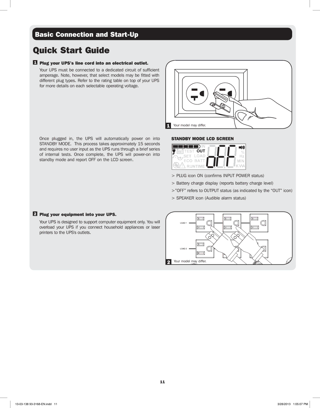 Tripp Lite SU3000XLCD, SU1500XLCD Basic Connection and Start-Up, Plug your UPS’s line cord into an electrical outlet 