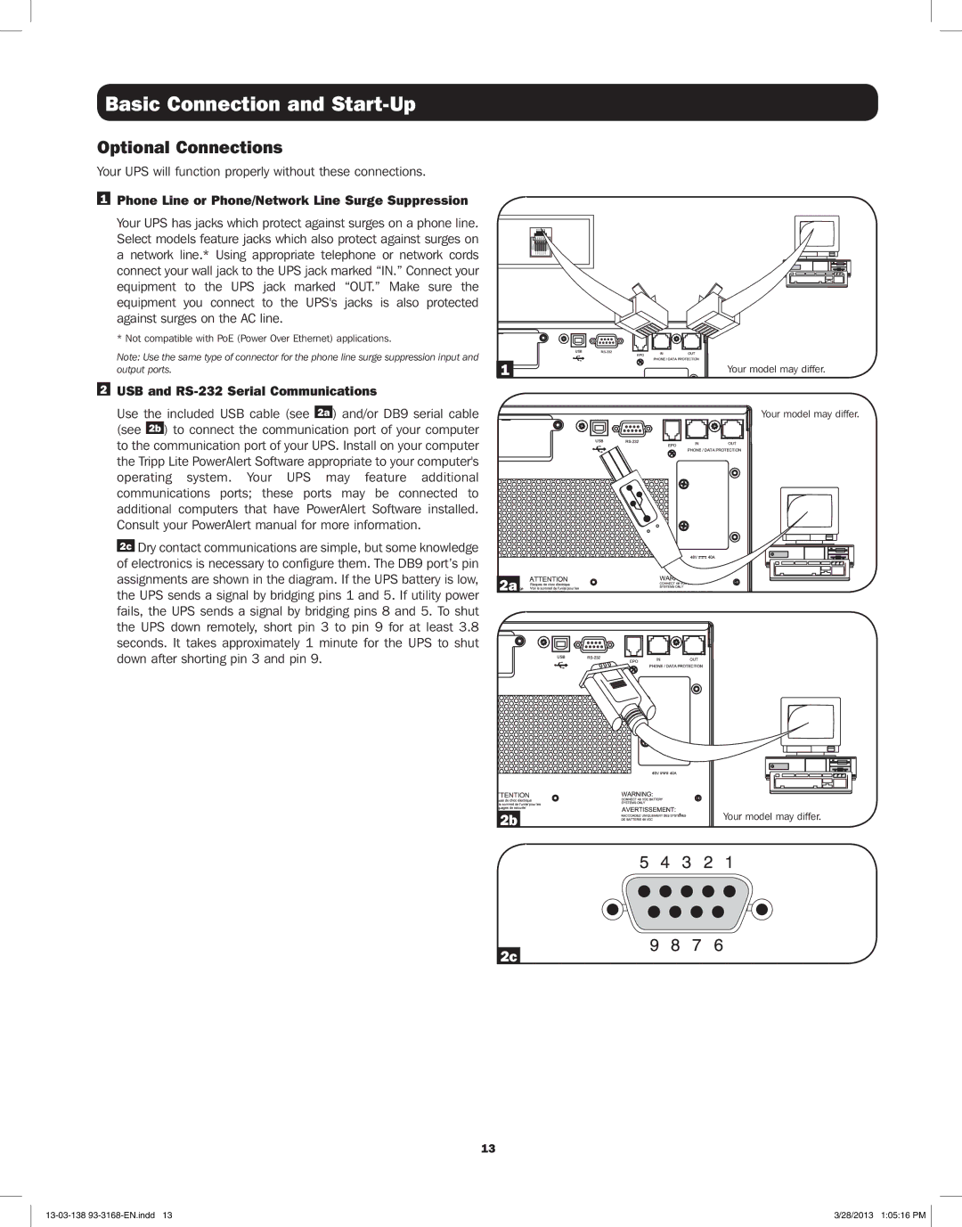 Tripp Lite SU1000XLCD, SU1500XLCD, SU2200XLCD Optional Connections, Phone Line or Phone/Network Line Surge Suppression 