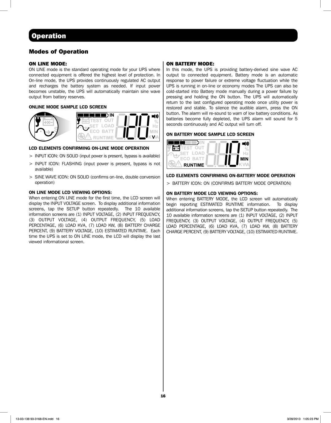 Tripp Lite SU1500XLCD, SU1000XLCD, SU2200XLCD Modes of Operation, On Battery Mode, On Line Mode LCD Viewing Options 