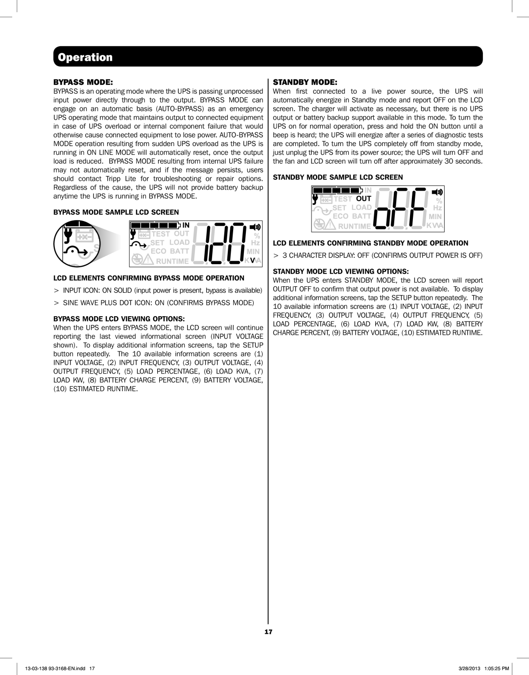 Tripp Lite SU1000XLCD, SU1500XLCD, SU2200XLCD, SU3000XLCD owner manual Bypass Mode, Standby Mode 