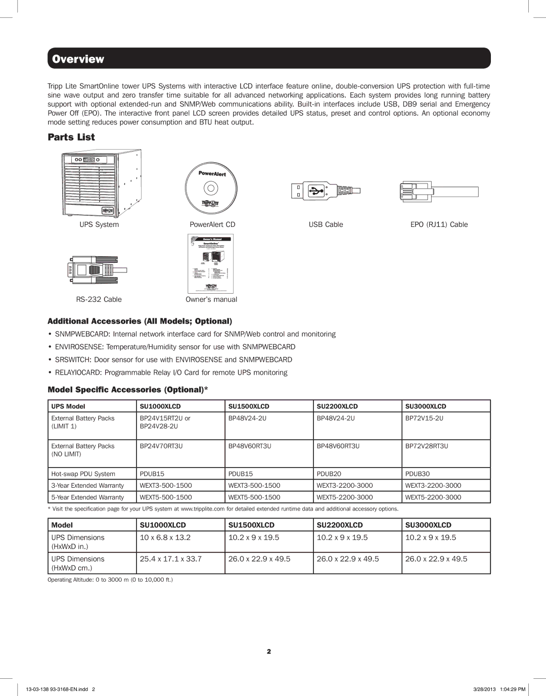 Tripp Lite SU2200XLCD, SU1500XLCD, SU1000XLCD, SU3000XLCD Overview, Parts List, Additional Accessories All Models Optional 