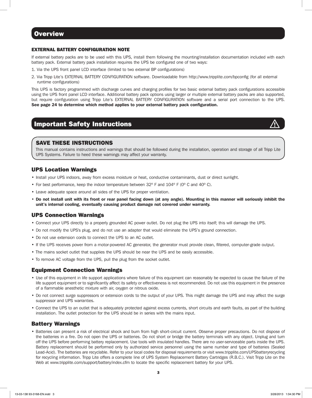 Tripp Lite SU3000XLCD Important Safety Instructions, UPS Location Warnings, UPS Connection Warnings, Battery Warnings 