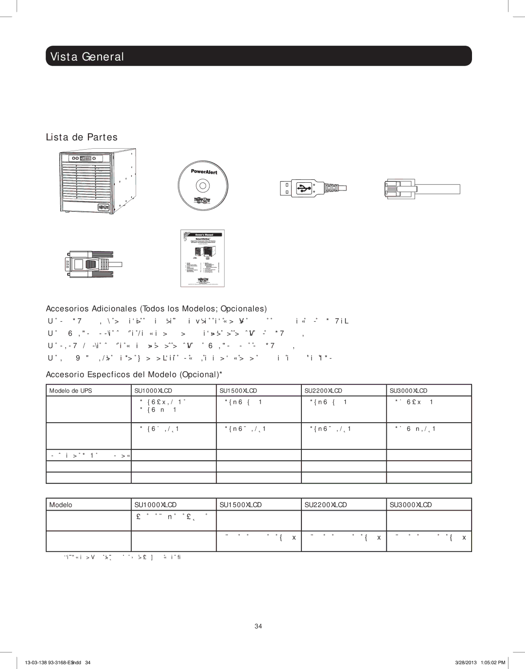 Tripp Lite SU2200XLCD, SU1500XLCD Vista General, Lista de Partes, Accesorios Adicionales Todos los Modelos Opcionales 