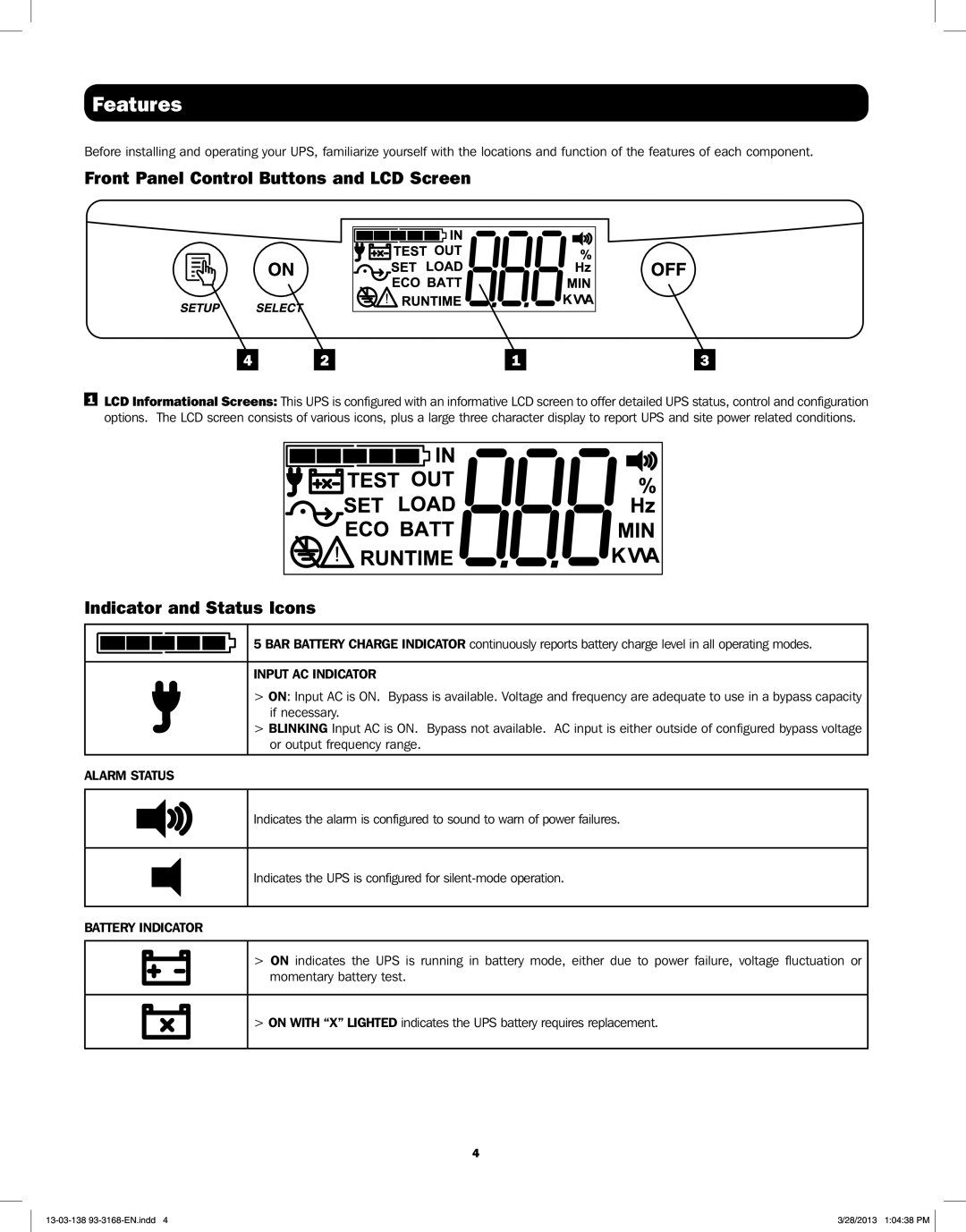 Tripp Lite SU1500XLCD, SU1000XLCD Features, Front Panel Control Buttons and LCD Screen, Indicator and Status Icons 