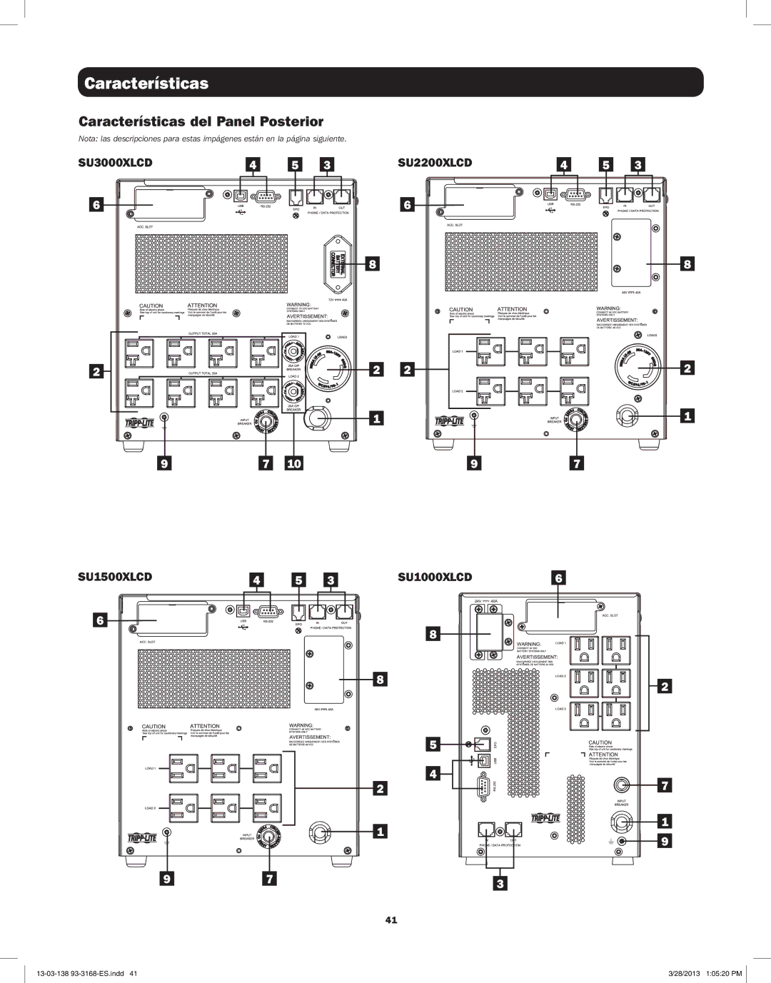 Tripp Lite SU3000XLCD owner manual Características del Panel Posterior, SU2200XLCD SU1500XLCD SU1000XLCD 