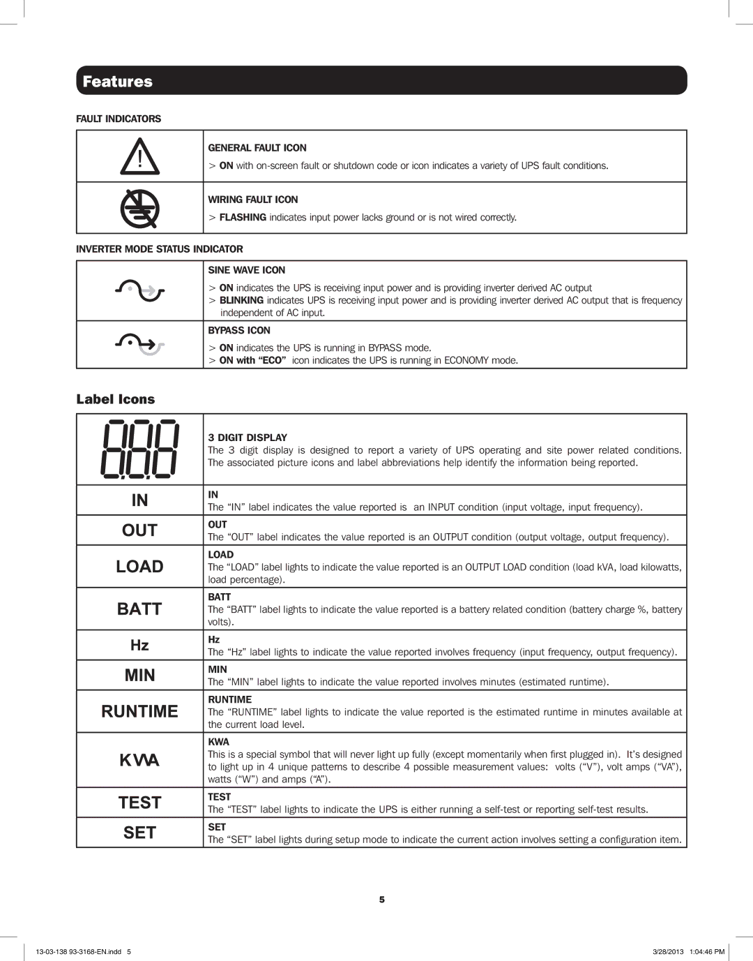 Tripp Lite SU1000XLCD, SU1500XLCD, SU2200XLCD, SU3000XLCD owner manual Label Icons 