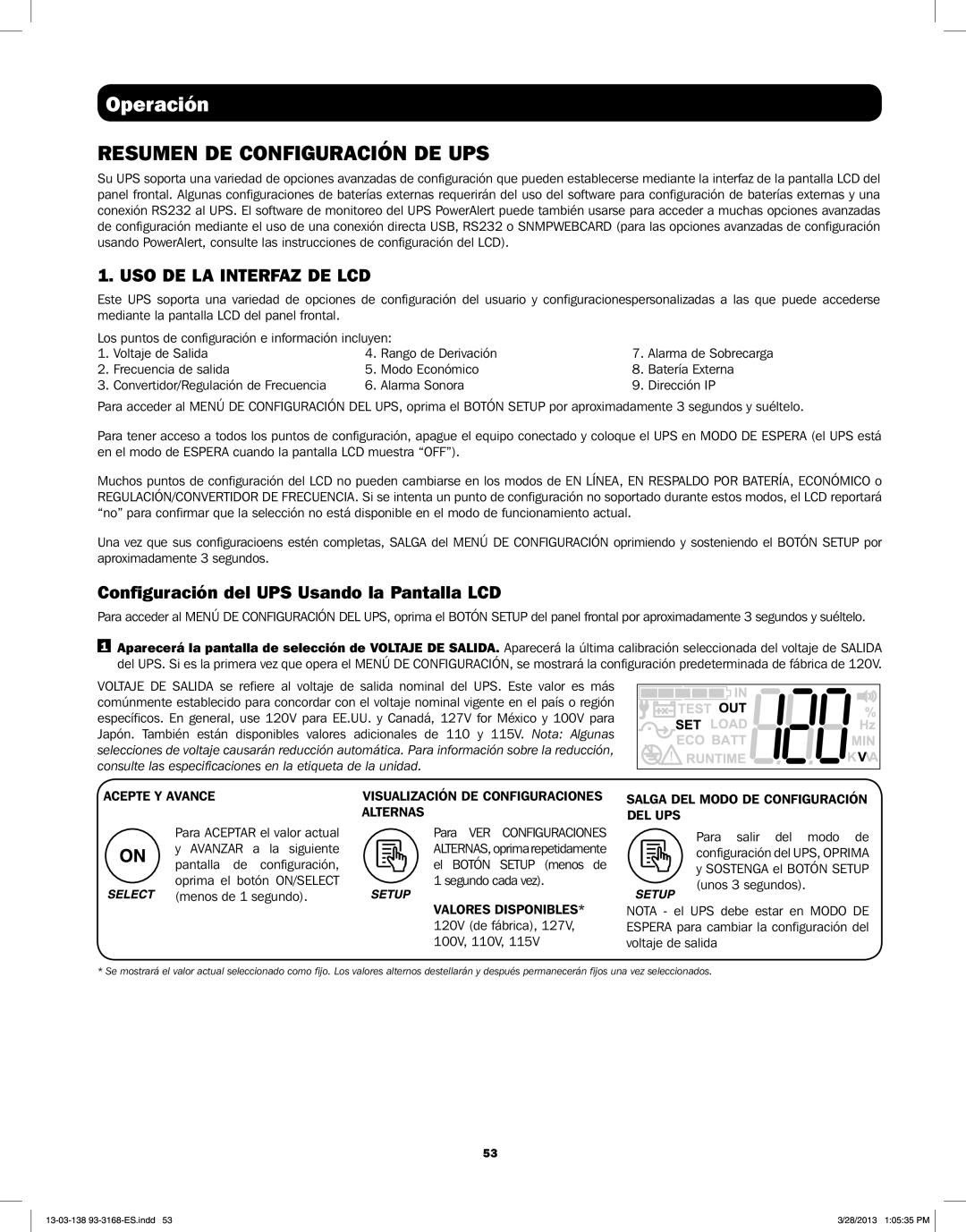 Tripp Lite SU1000XLCD Configuración del UPS Usando la Pantalla LCD, Acepte Y Avance Visualización DE Configuraciones 