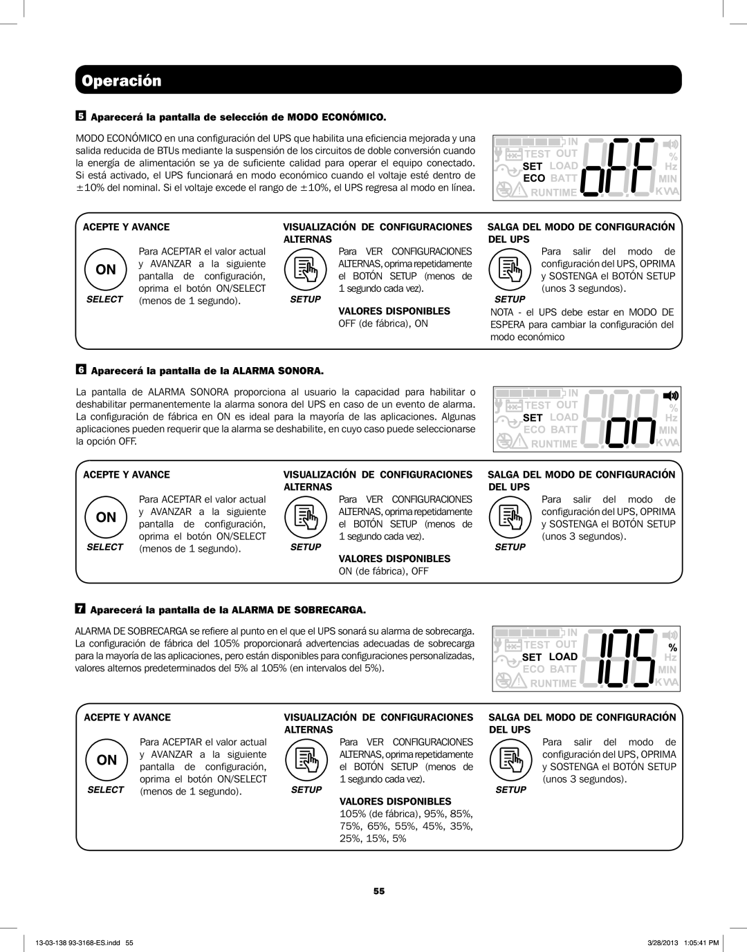 Tripp Lite SU3000XLCD Aparecerá la pantalla de selección de Modo Económico, Aparecerá la pantalla de la Alarma Sonora 