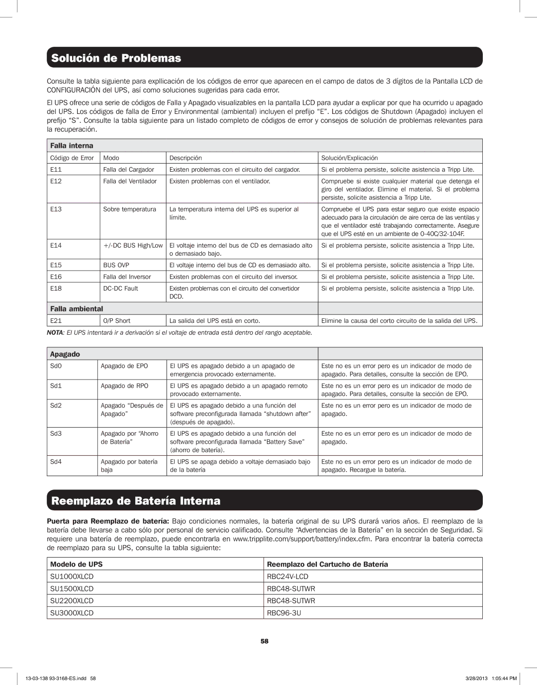 Tripp Lite SU2200XLCD, SU1500XLCD, SU1000XLCD, SU3000XLCD owner manual Solución de Problemas, Reemplazo de Batería Interna 