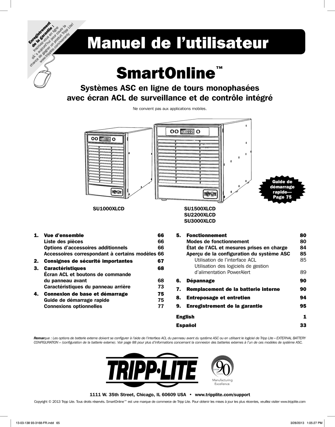 Tripp Lite SU1000XLCD Vue d’ensemble, Consignes de sécurité importantes Caractéristiques, Connexion de base et démarrage 