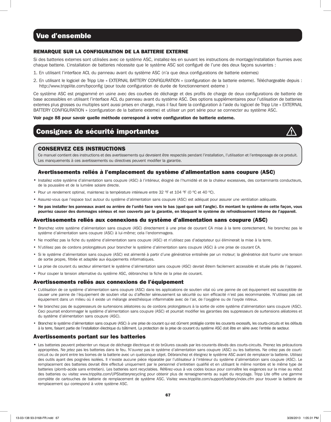 Tripp Lite SU3000XLCD, SU1500XLCD Consignes de sécurité importantes, Remarque SUR LA Configuration DE LA Batterie Externe 