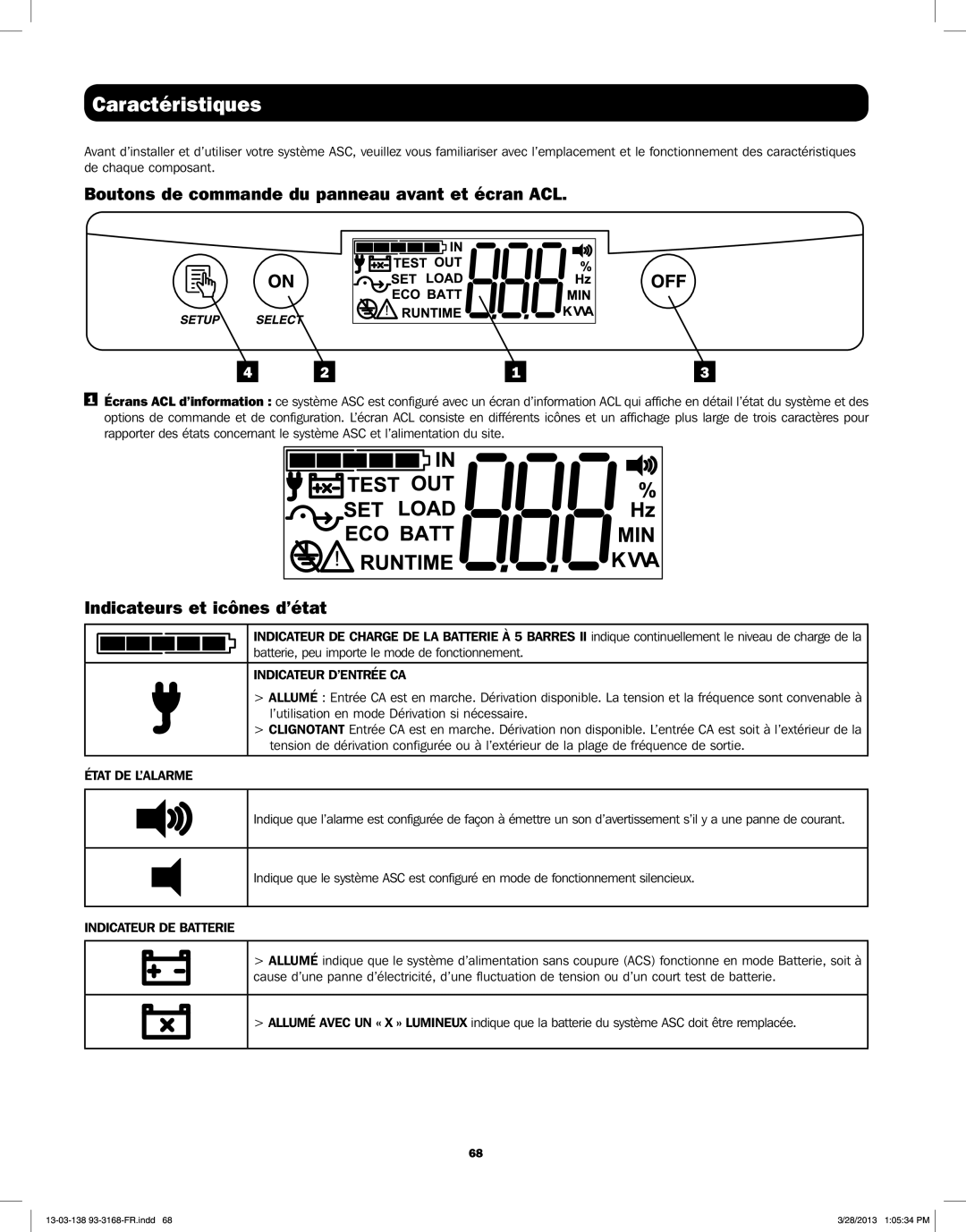 Tripp Lite SU1500XLCD Caractéristiques, Boutons de commande du panneau avant et écran ACL, Indicateurs et icônes d’état 