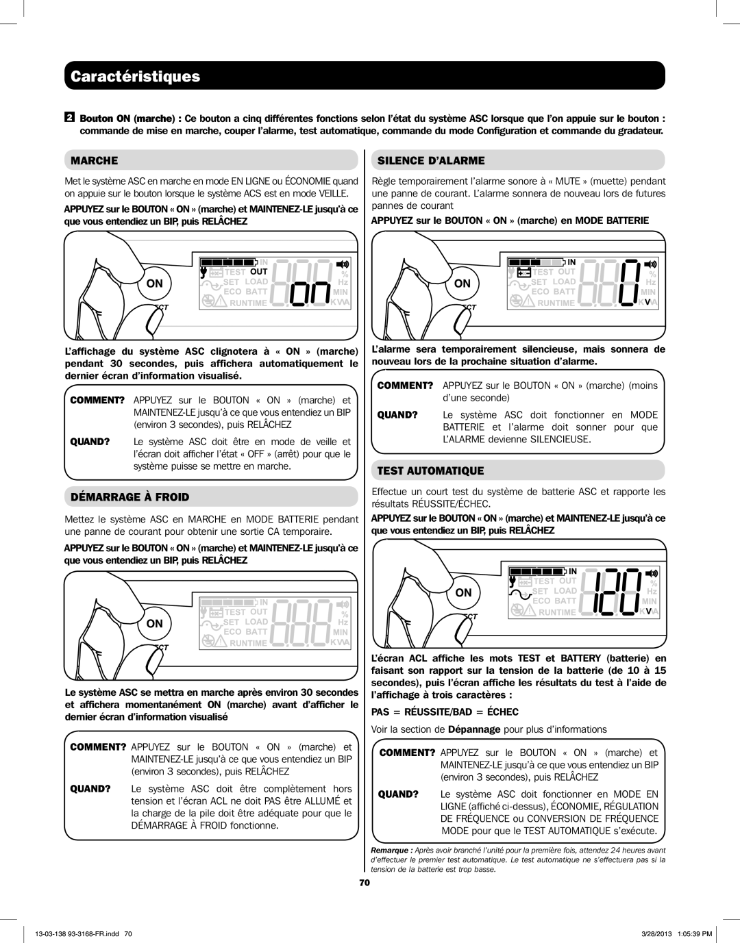 Tripp Lite SU2200XLCD Marche, Démarrage À Froid, Silence D’ALARME, Test Automatique, PAS = RÉUSSITE/BAD = Échec 