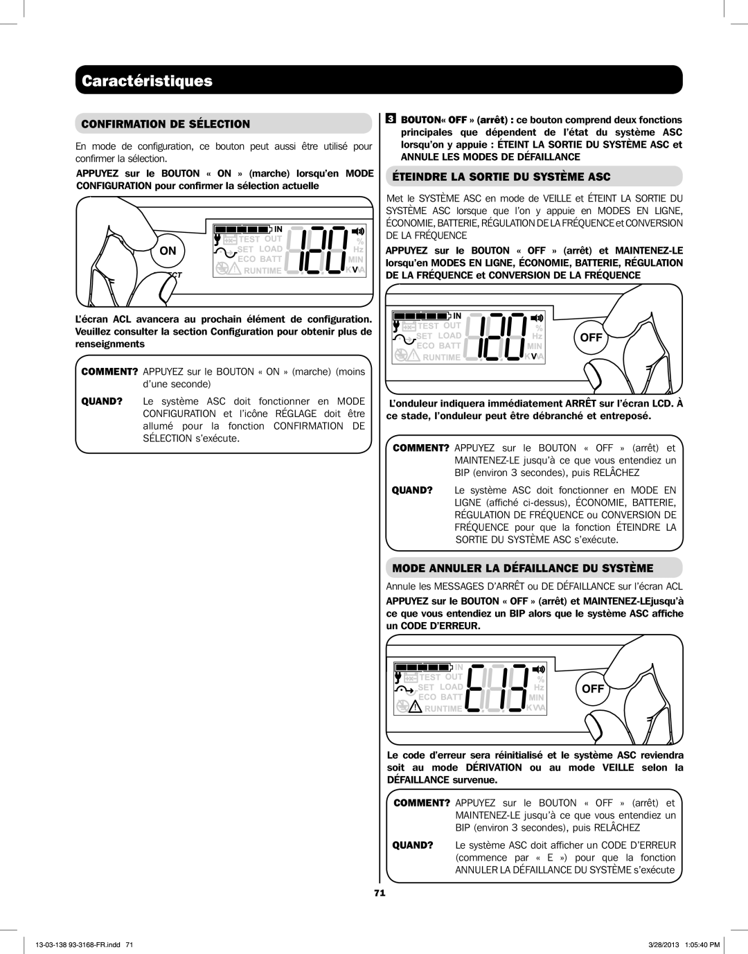 Tripp Lite SU3000XLCD Confirmation DE Sélection, Éteindre LA Sortie DU Système ASC, Mode Annuler LA Défaillance DU Système 