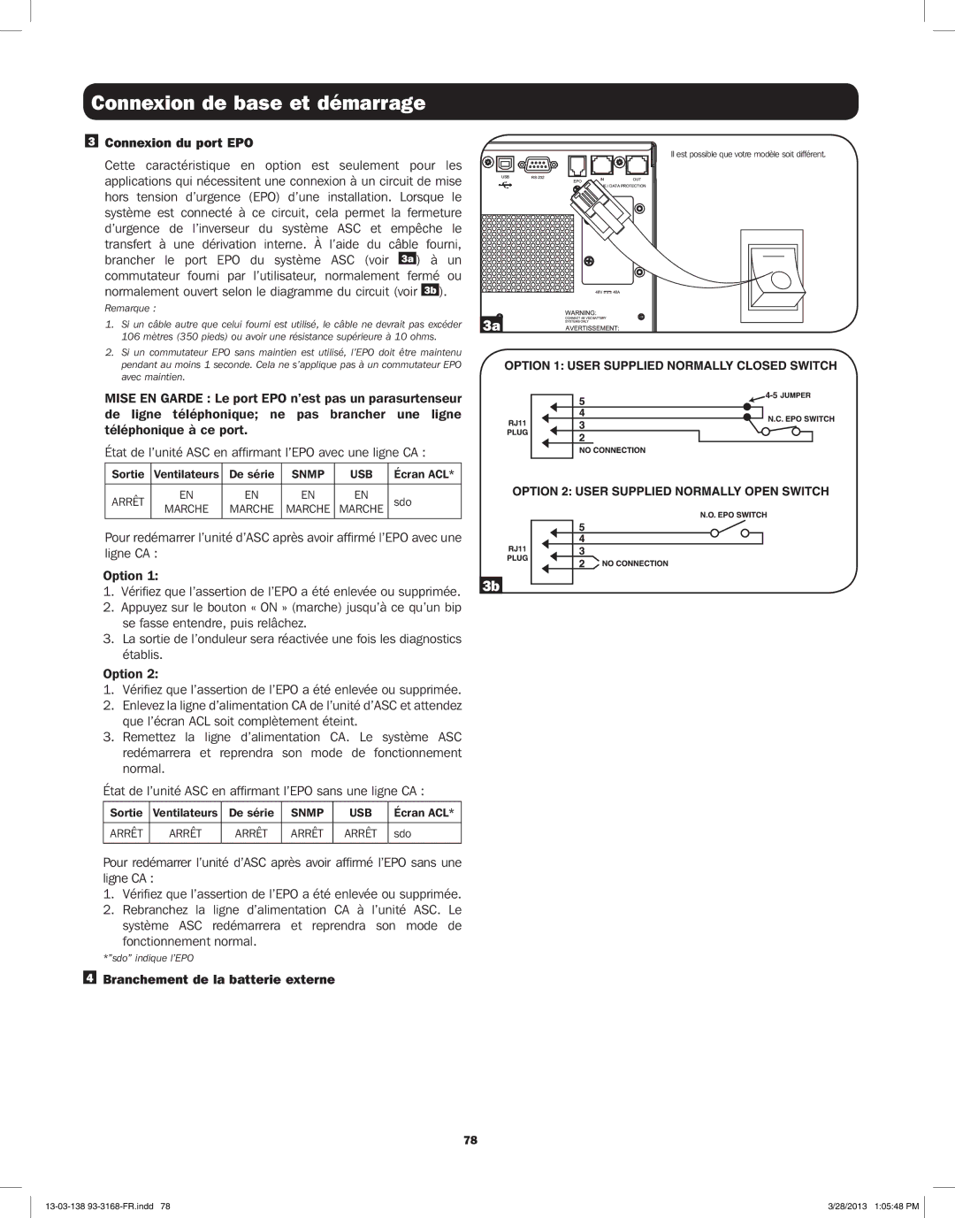 Tripp Lite SU2200XLCD, SU1500XLCD, SU1000XLCD, SU3000XLCD Connexion du port EPO, Branchement de la batterie externe 