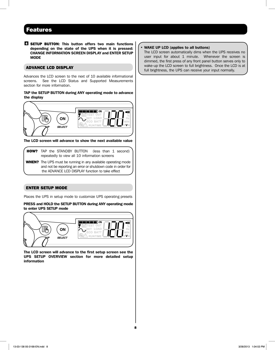 Tripp Lite SU1500XLCD, SU1000XLCD, SU2200XLCD, SU3000XLCD owner manual Advance LCD Display, Enter Setup Mode 