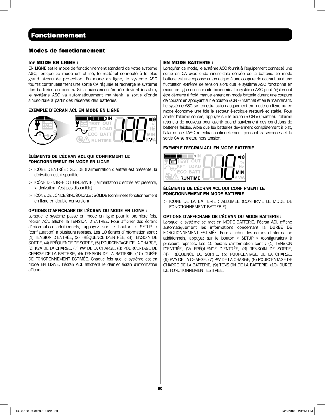 Tripp Lite SU1500XLCD, SU1000XLCD, SU2200XLCD Fonctionnement, Modes de fonctionnement, Lor Mode EN Ligne, EN Mode Batterie 