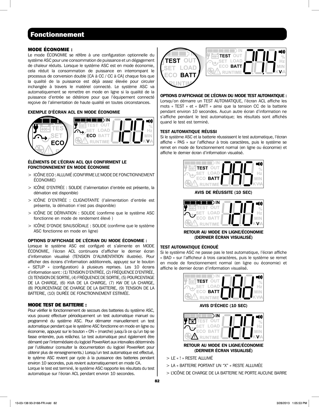 Tripp Lite SU2200XLCD, SU1500XLCD, SU1000XLCD, SU3000XLCD Mode Économie, Mode Test DE Batterie, Test Automatique Réussi 