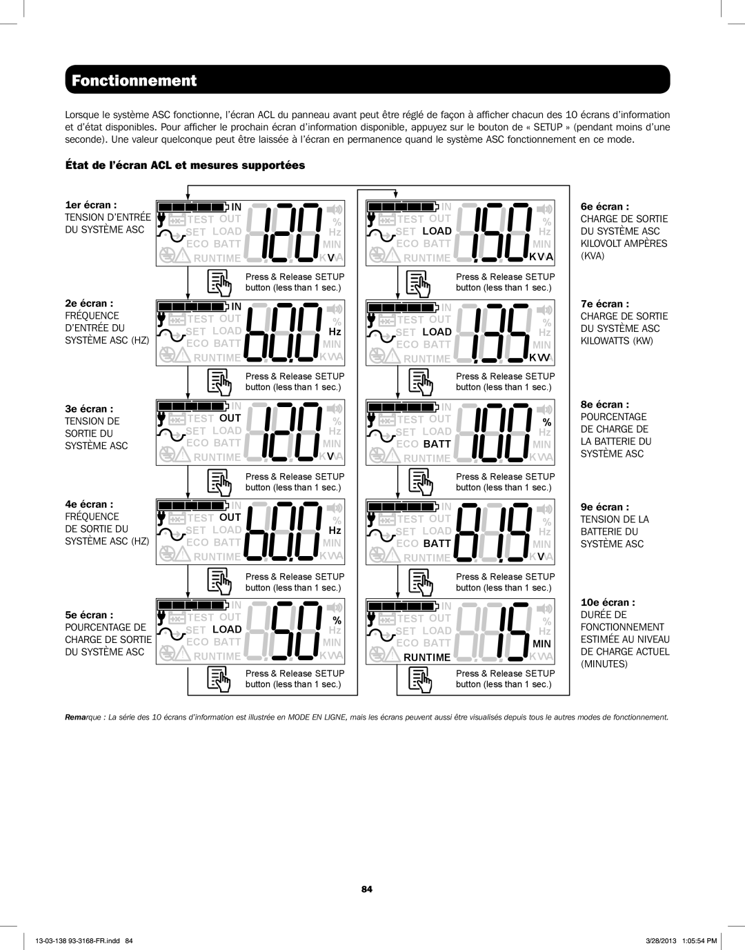 Tripp Lite SU1500XLCD, SU1000XLCD, SU2200XLCD, SU3000XLCD owner manual État de l’écran ACL et mesures supportées, 10e écran 