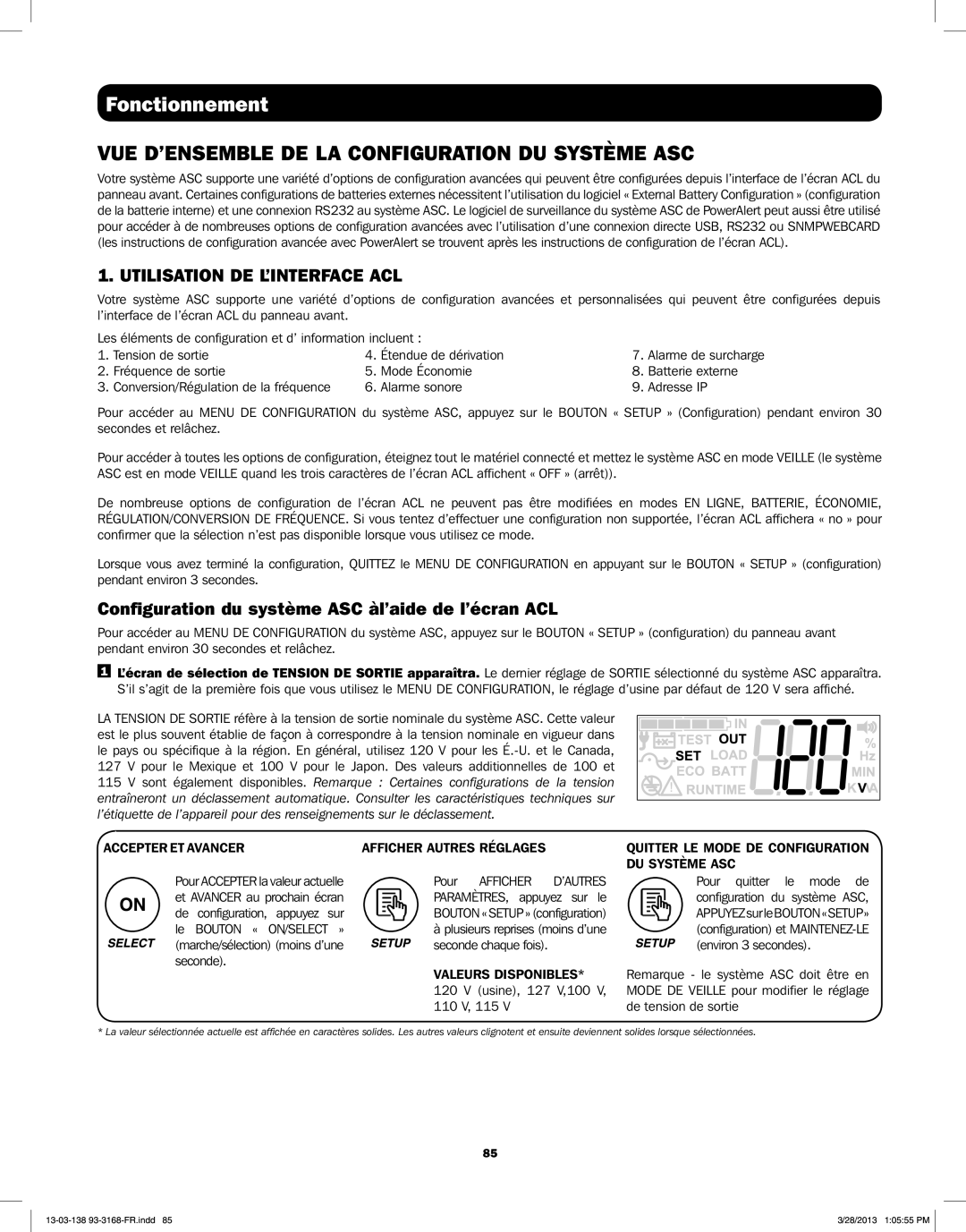 Tripp Lite SU1000XLCD, SU1500XLCD, SU2200XLCD Configuration du système ASC àl’aide de l’écran ACL, Accepter ET Avancer 