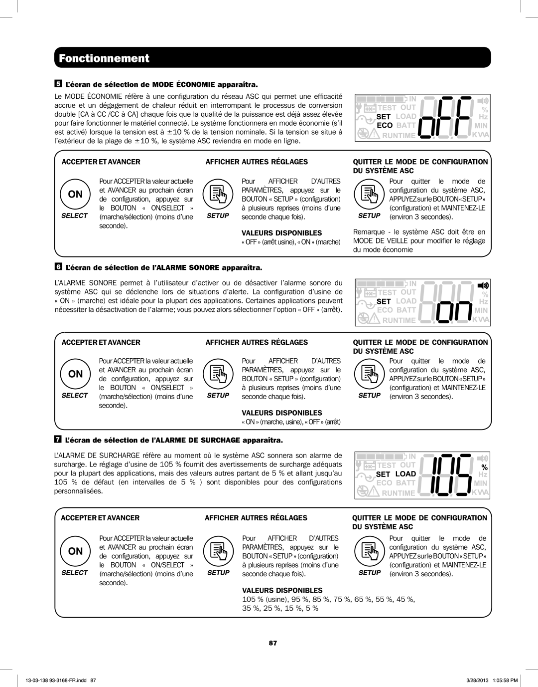 Tripp Lite SU3000XLCD ’écran de sélection de Mode Économie apparaîtra, ’écran de sélection de l’ALARME Sonore apparaîtra 