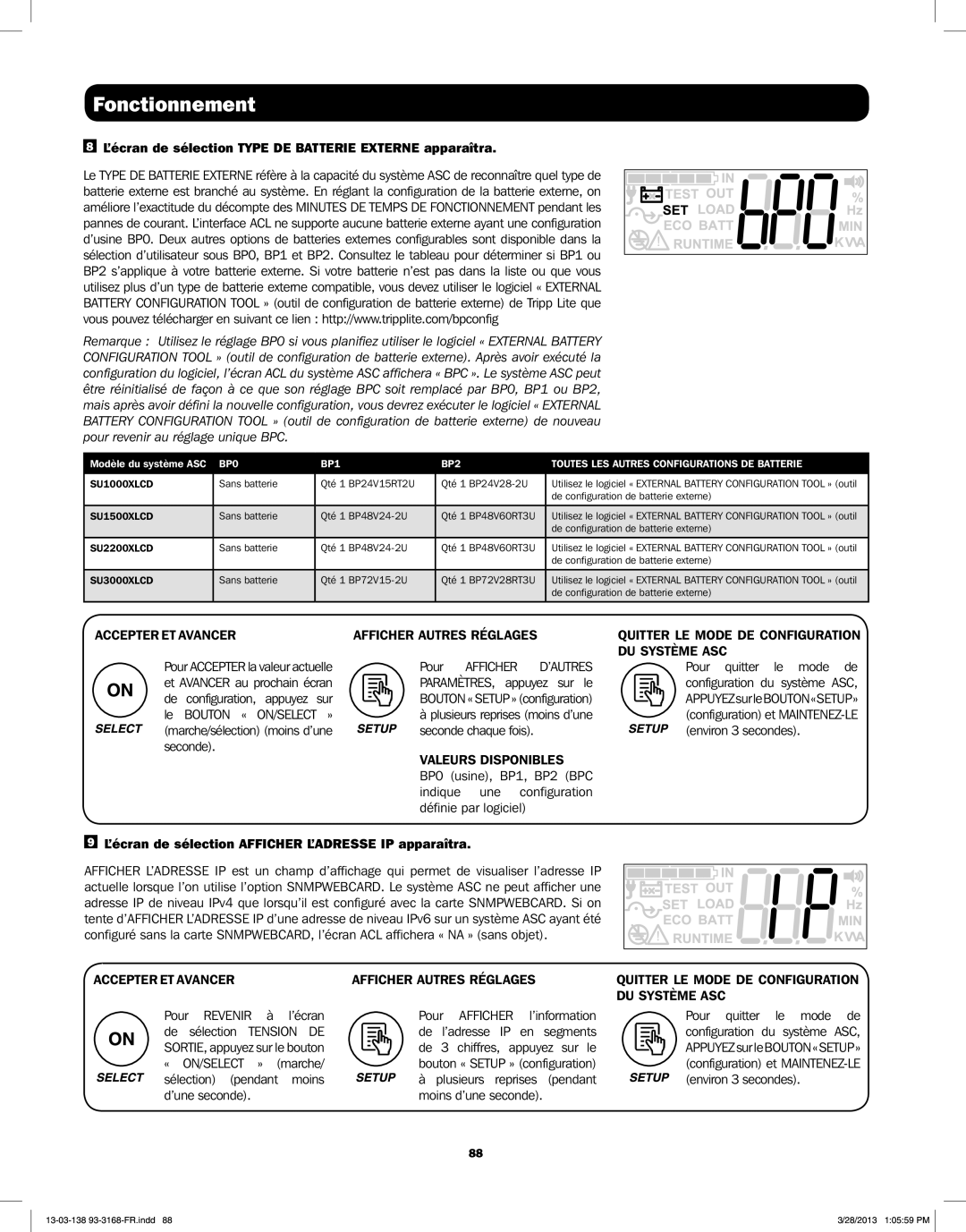 Tripp Lite SU1500XLCD, SU1000XLCD, SU2200XLCD, SU3000XLCD owner manual ’écran de sélection Type DE Batterie Externe apparaîtra 