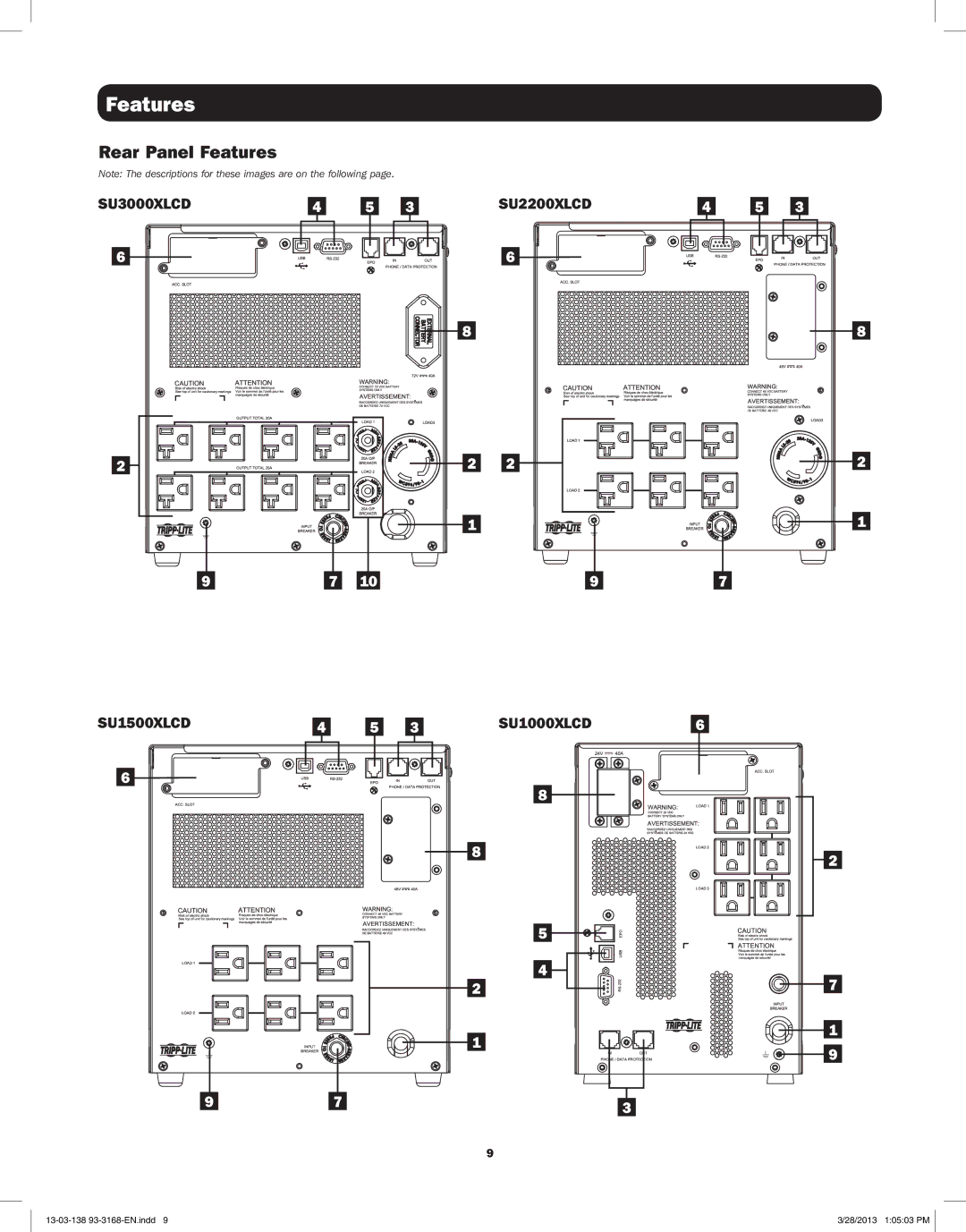 Tripp Lite SU3000XLCD owner manual Rear Panel Features, SU2200XLCD SU1500XLCD SU1000XLCD 