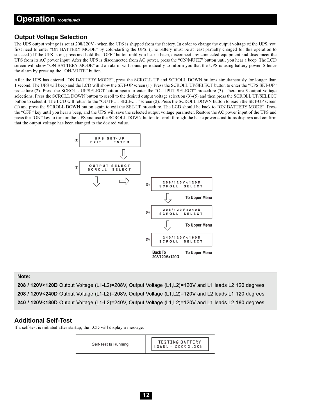 Tripp Lite SU16000RT4UHW owner manual Output Voltage Selection, Additional Self-Test 