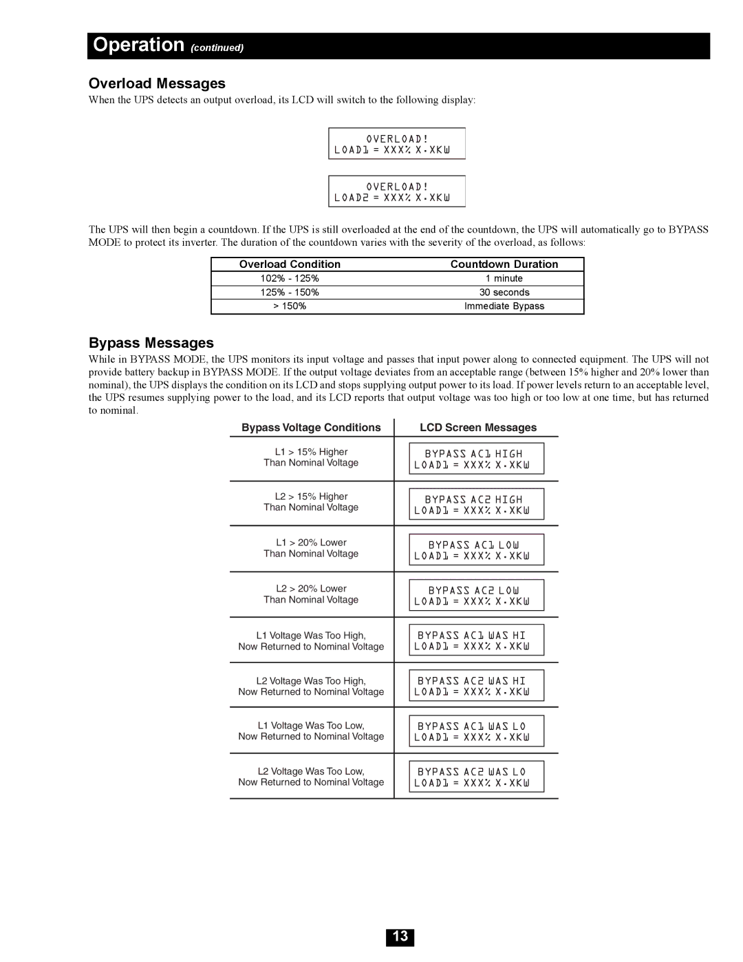 Tripp Lite SU16000RT4UHW owner manual Overload Messages, Bypass Messages 