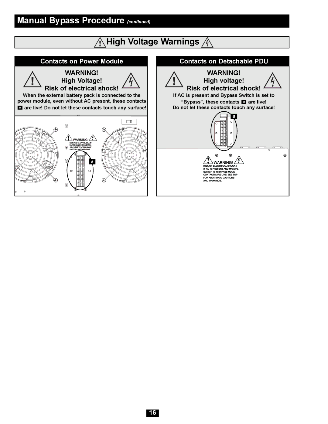 Tripp Lite SU16000RT4UHW owner manual High Voltage Warnings, High Voltage Risk of electrical shock 