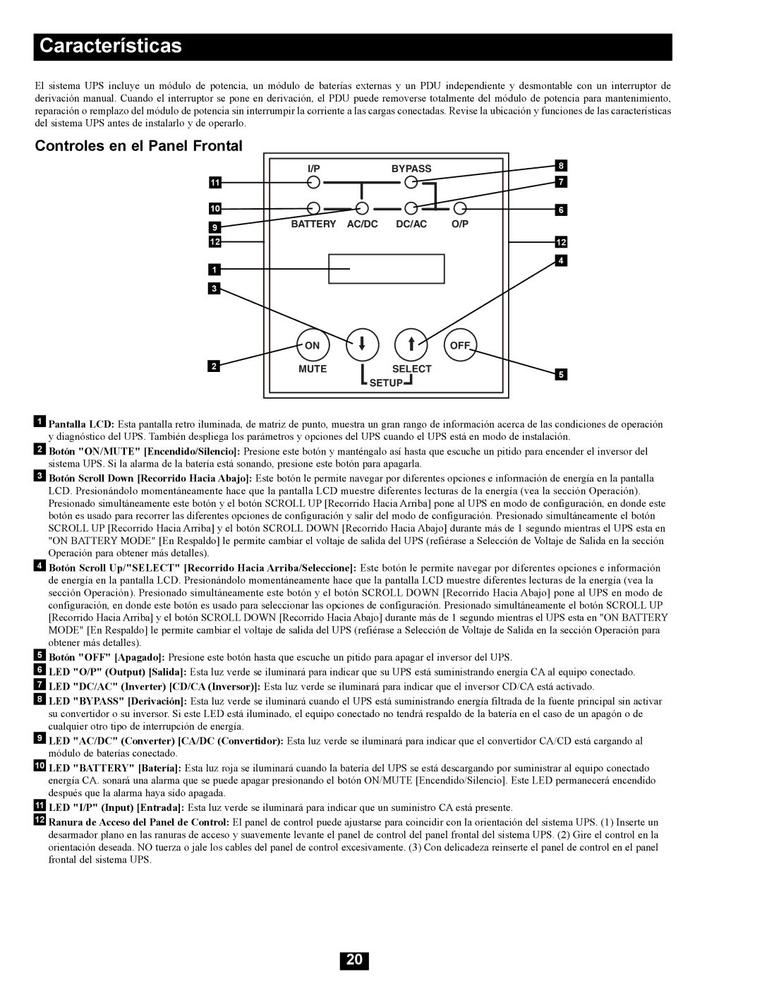 Tripp Lite SU16000RT4UHW owner manual Controles en el Panel Frontal, Mute Select Setup 