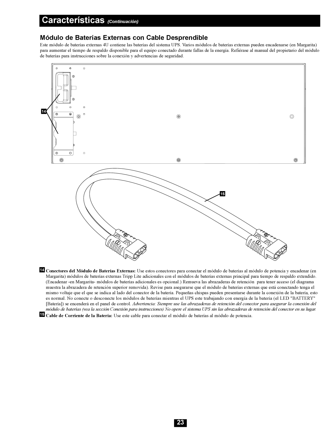 Tripp Lite SU16000RT4UHW owner manual Módulo de Baterías Externas con Cable Desprendible 