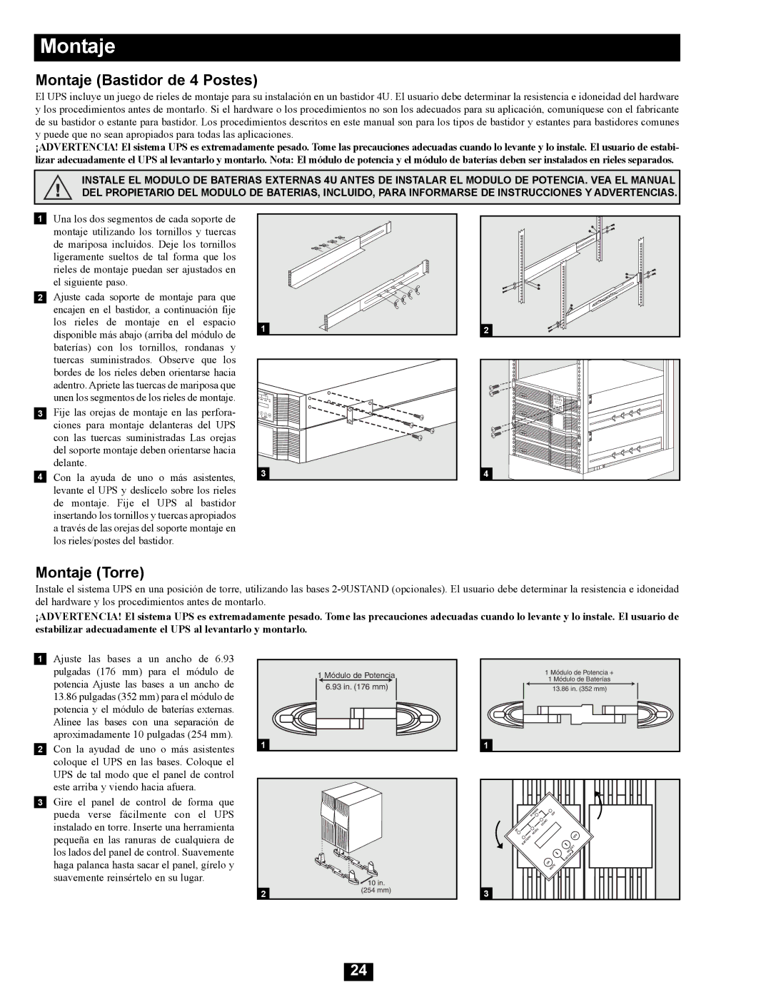 Tripp Lite SU16000RT4UHW owner manual Montaje Bastidor de 4 Postes, Montaje Torre 