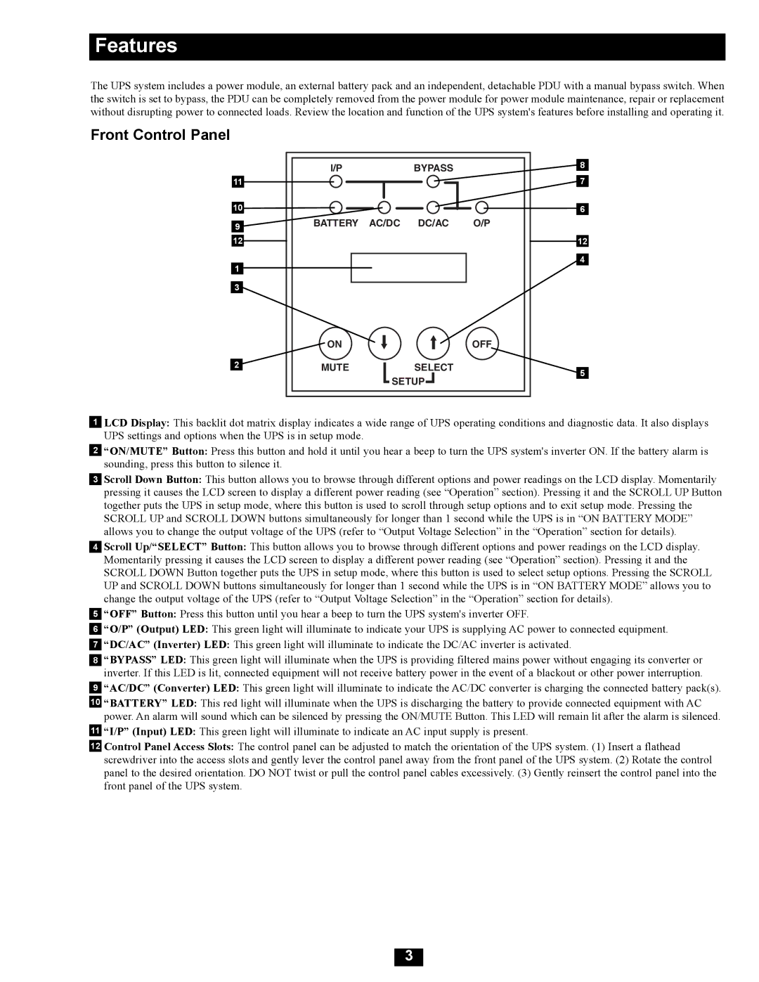 Tripp Lite SU16000RT4UHW owner manual Front Control Panel 