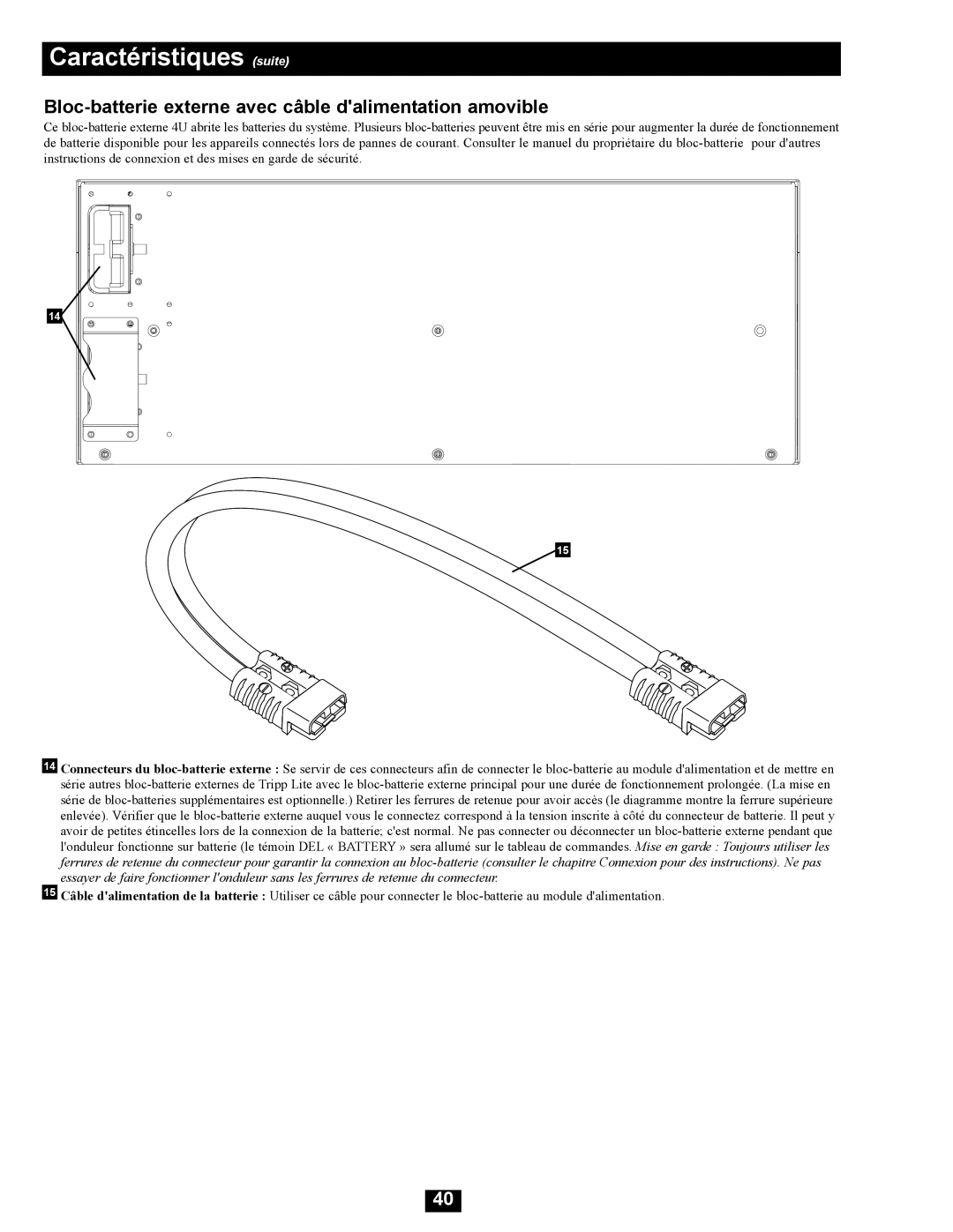 Tripp Lite SU16000RT4UHW owner manual Bloc-batterie externe avec câble dalimentation amovible 