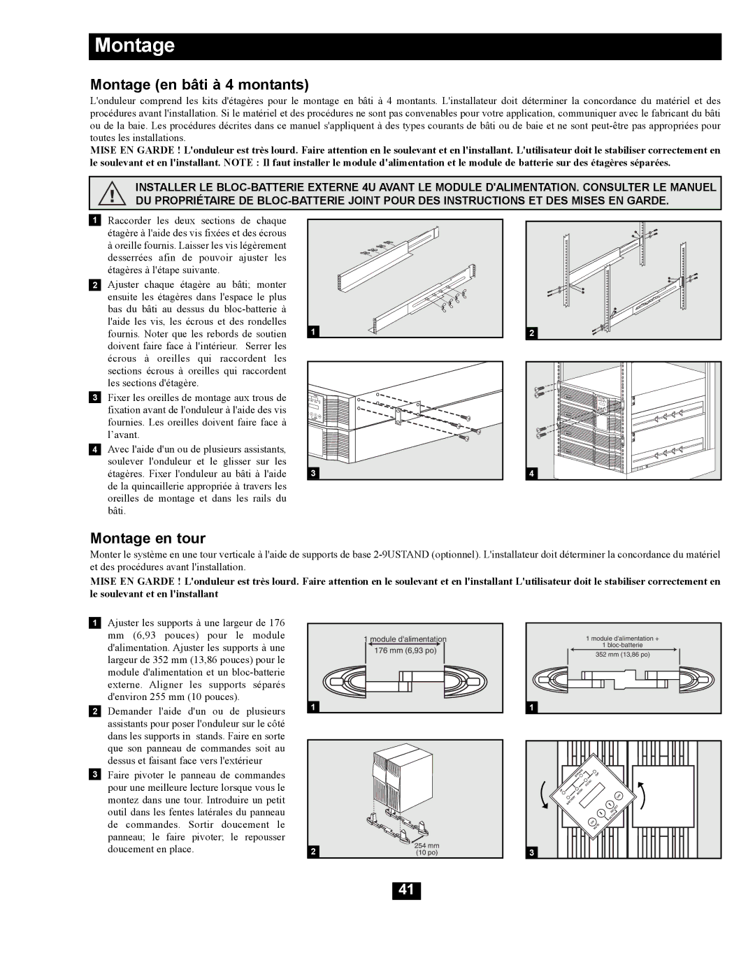 Tripp Lite SU16000RT4UHW owner manual Montage en bâti à 4 montants, Montage en tour 