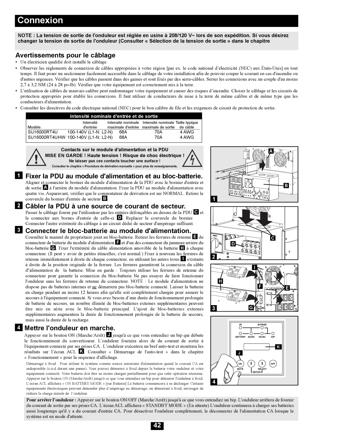 Tripp Lite SU16000RT4UHW Avertissements pour le câblage, Fixer la PDU au module dalimentation et au bloc-batterie 