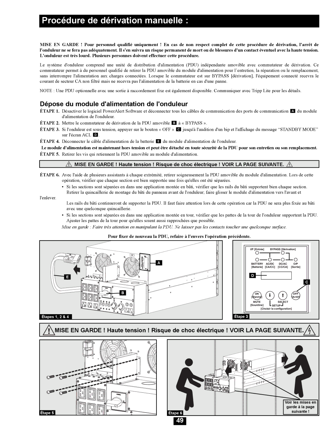 Tripp Lite SU16000RT4UHW owner manual Procédure de dérivation manuelle, Dépose du module dalimentation de londuleur 