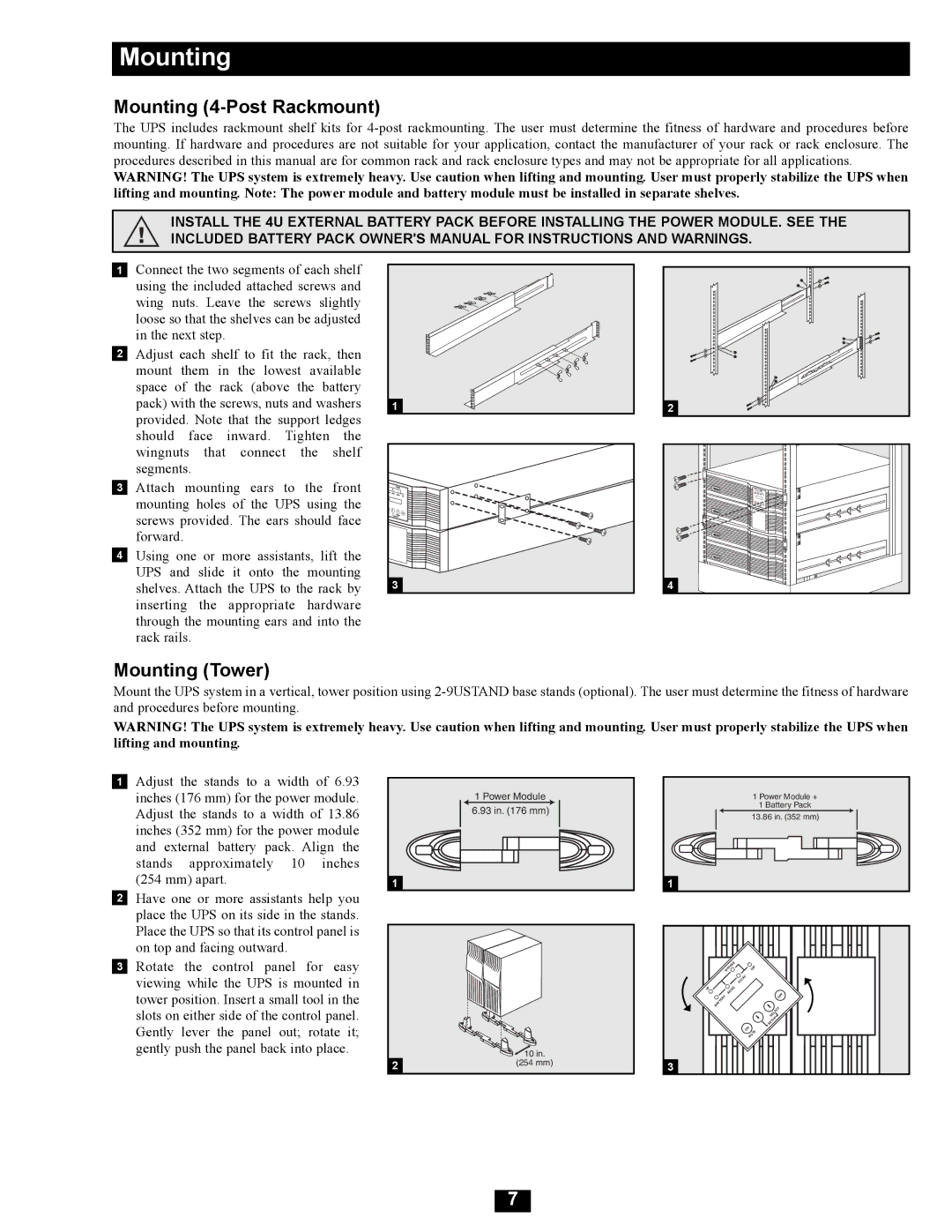 Tripp Lite SU16000RT4UHW owner manual Mounting 4-Post Rackmount, Mounting Tower 