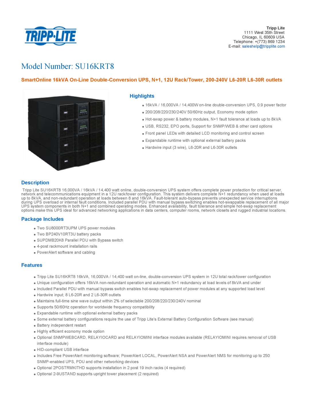 Tripp Lite manual Highlights, Description, Package Includes, Features, Model Number SU16KRT8 