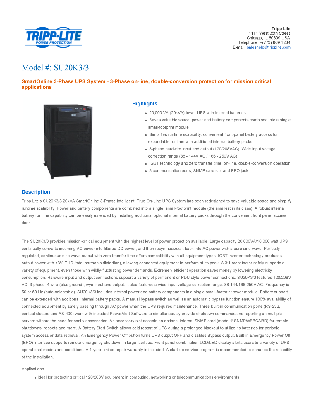 Tripp Lite warranty Highlights, Description, Model # SU20K3/3 