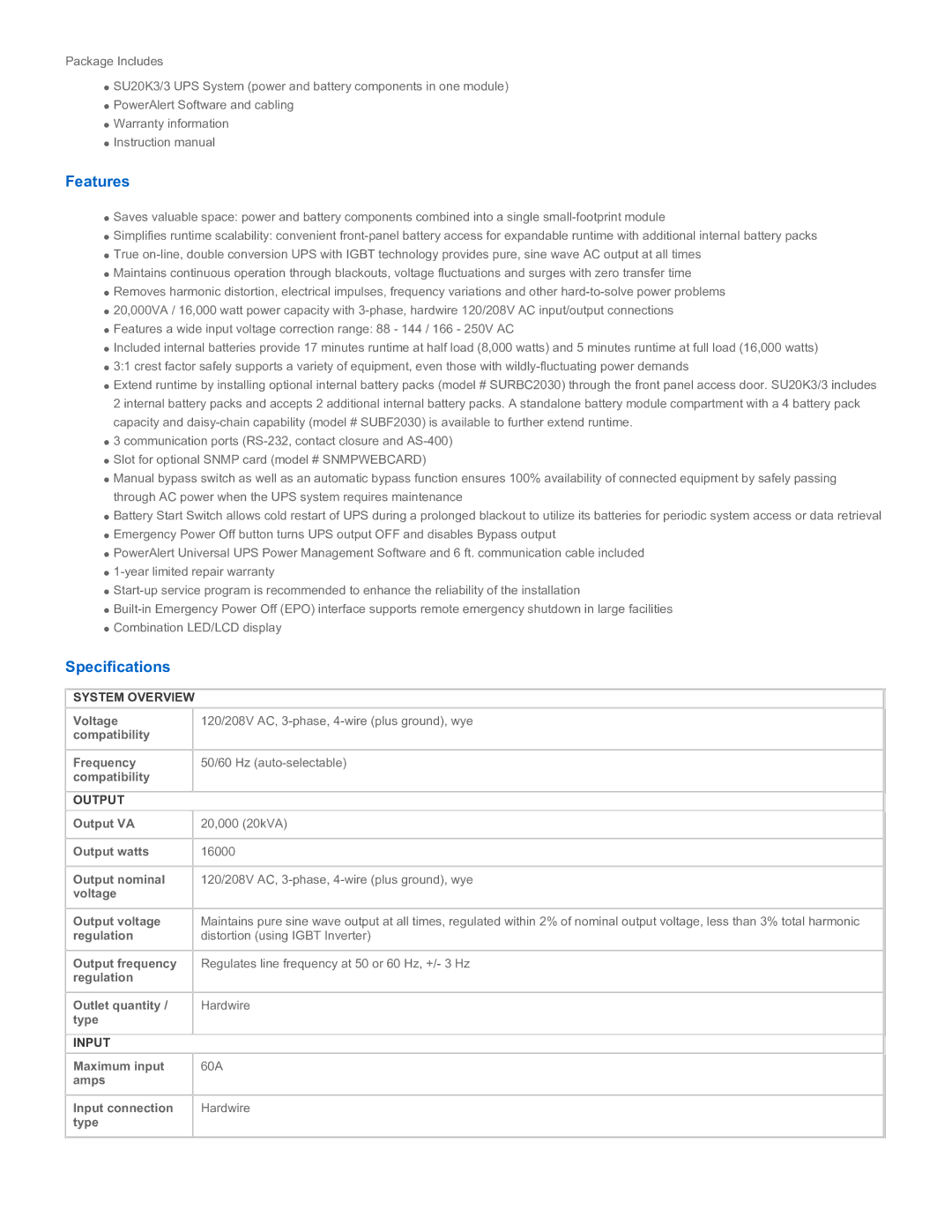 Tripp Lite SU20K3/3 warranty Features, Specifications, System Overview, Output, Input 