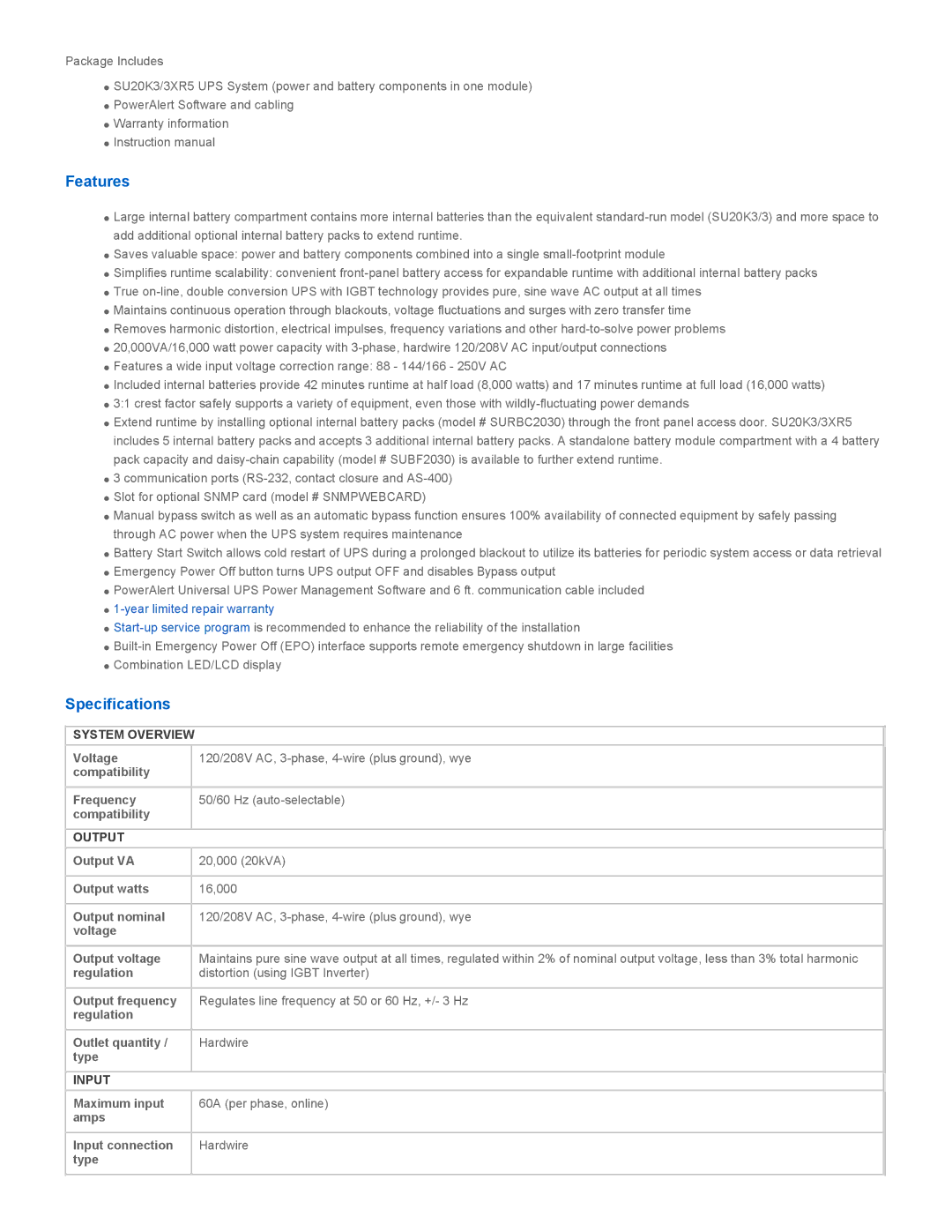 Tripp Lite SU20K3/3XR5 warranty Features, Specifications, System Overview, Output, Input 