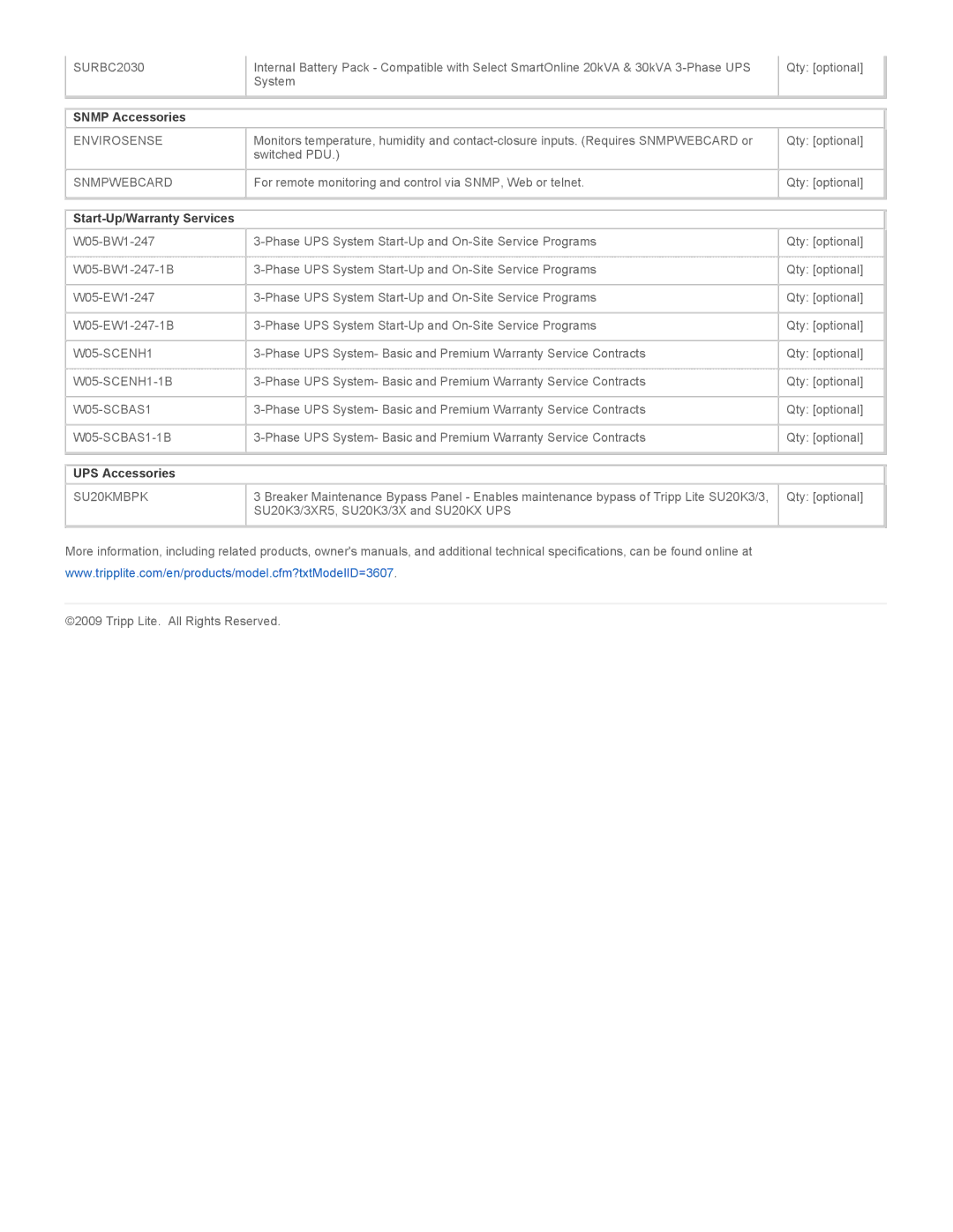 Tripp Lite SU20K3/3XR5 warranty Snmp Accessories, Start-Up/Warranty Services, UPS Accessories 