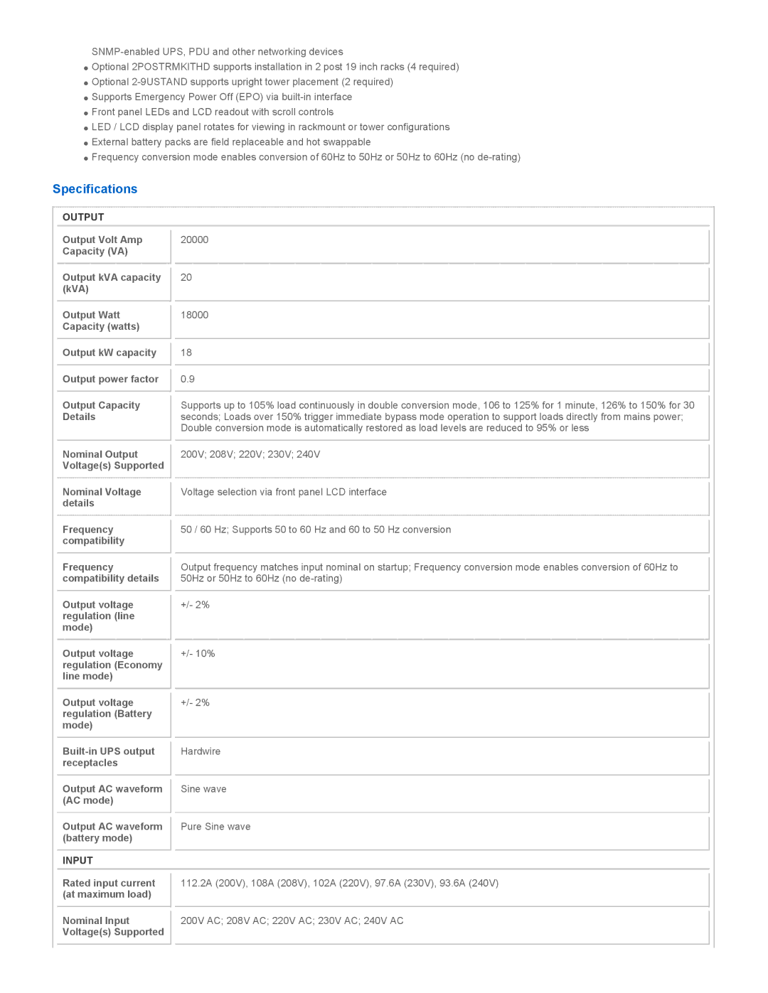 Tripp Lite SU20KRTHW manual Specifications, Output, Input 